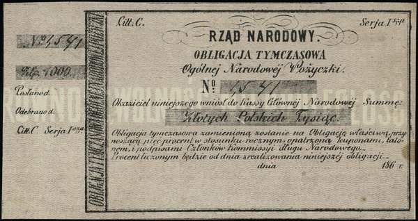 Blankiet obligacji tymczasowej na 1.000 złotych z roku 186.