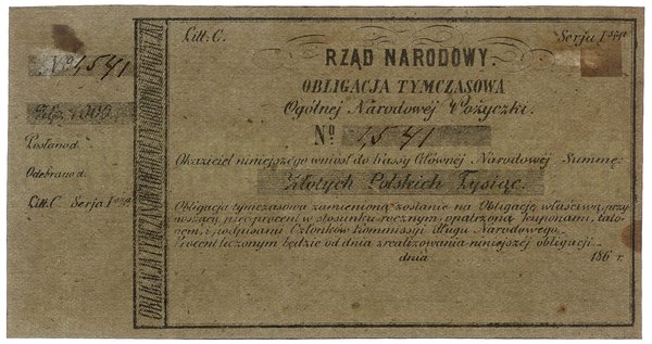 Blankiet obligacji tymczasowej na 1.000 złotych z roku 186.