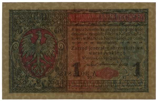 1 marka polska, 9.12.1916; jenerał, seria A, num