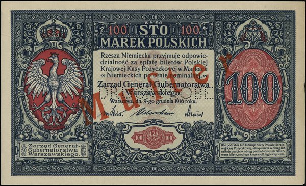 Strona główna oraz odwrotna (osobne druki jednostronne) wzorów 100 marek polskich, 9.12.1916