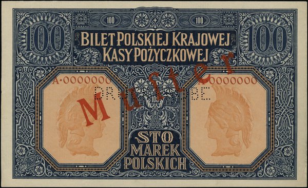Strona główna oraz odwrotna (osobne druki jednostronne) wzorów 100 marek polskich, 9.12.1916