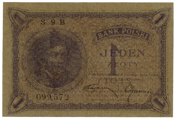 1 złoty, 28.02.1919; seria 9 B, numeracja 099572
