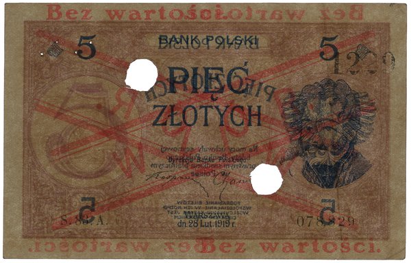 5 złotych, 28.02.1919; seria 83.A, numeracja 078