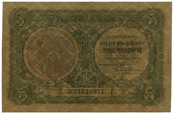 5 złotych, 1.05.1925; seria D, numeracja 1628071