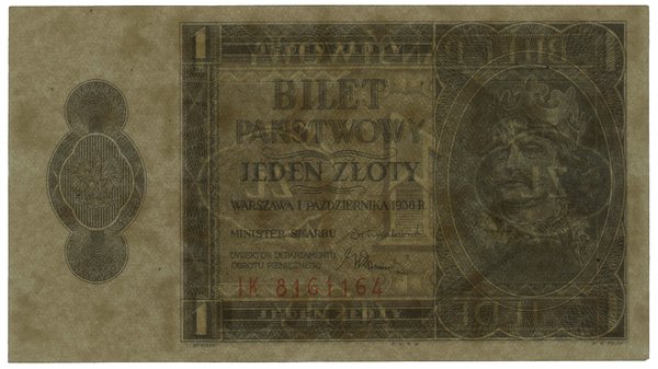 1 złoty, 1.10.1938; seria IK, numeracja 8161164;