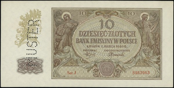 10 złotych, 1.03.1940; seria J, numeracja 598395