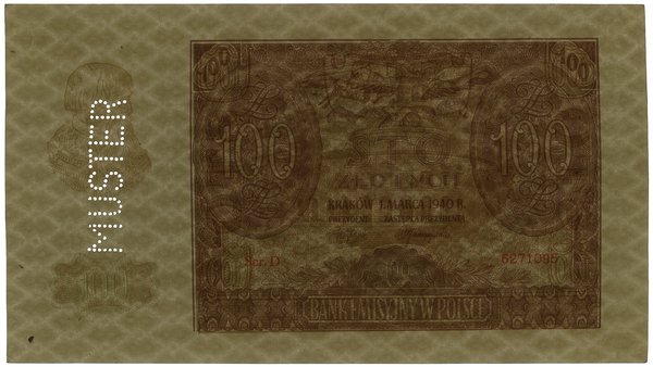 100 złotych, 1.03.1940; seria D, numeracja 62710