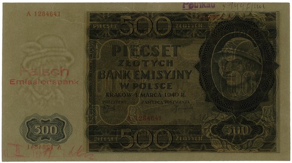 500 złotych (fałszerstwo ZWZ), 1.03.1940