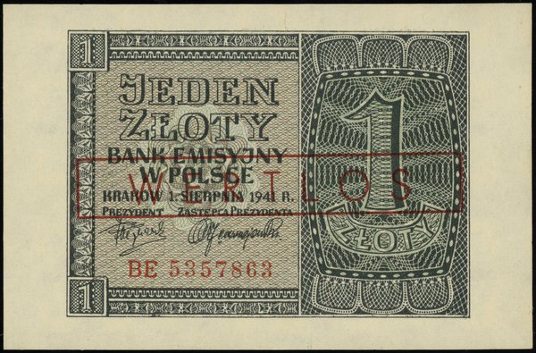 1 złoty, 1.08.1941; seria BE, numeracja 5357863,