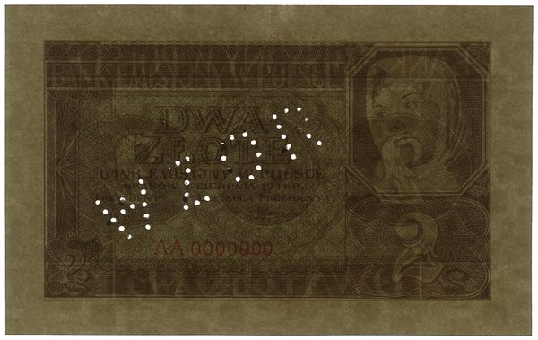 2 złote, 1.08.1941; seria AA, numeracja 0000000,
