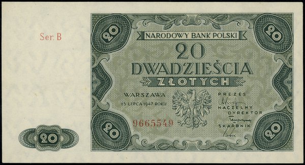 20 złotych, 15.07.1947; seria B, numeracja 96655