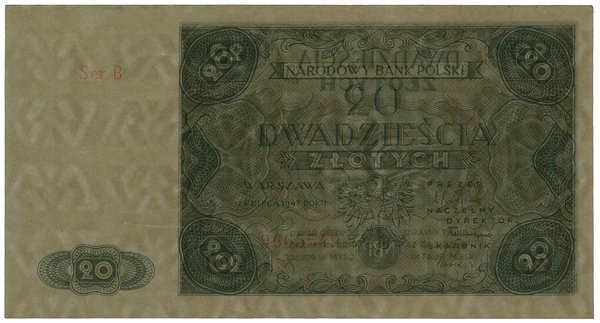 20 złotych, 15.07.1947; seria B, numeracja 96655