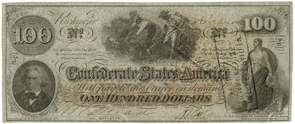 100 dolarów, 24.11.1862, Richmond; seria Y, nume