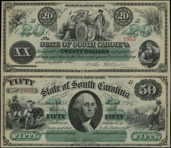 Zestaw: 20 i 50 dolarów, 2.03.1872, South Caroli