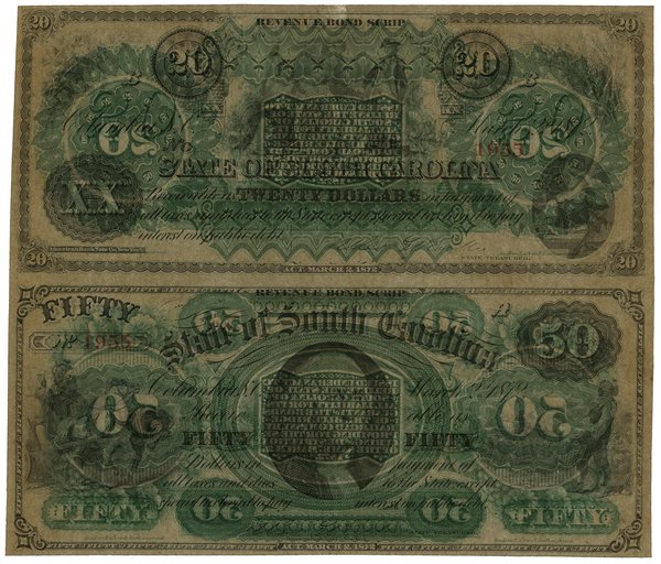 Zestaw: 20 i 50 dolarów, 2.03.1872, South Carolina
