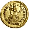Solidus, (397–402), Konstantynopol; Aw: Popiersie cesarza trzymającego włócznię i tarczę na wprost..