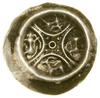 Brakteat, (po ok. 1220); Krzyż złożony z czterech łuków, na środku pierścień i cztery kulki, w każ..