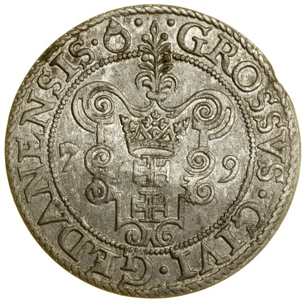 Grosz, 1579, Gdańsk; na awersie kropka kończy na