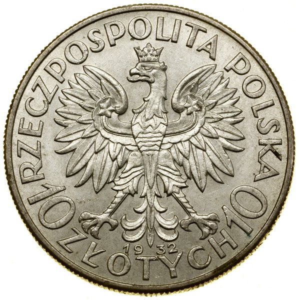 10 złotych, 1932, Londyn; Głowa kobiety w czepcu