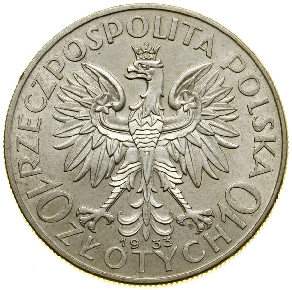 10 złotych, 1933, Warszawa; Głowa kobiety w czep