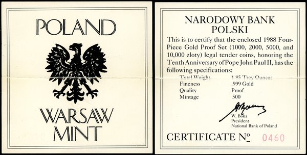 Komplet monet z Janem Pawłem II – X Lat Pontyfikatu: 10.000 zł, 5.000 zł, 2.000 zł i 1.000 zł, 1988, Warszawa