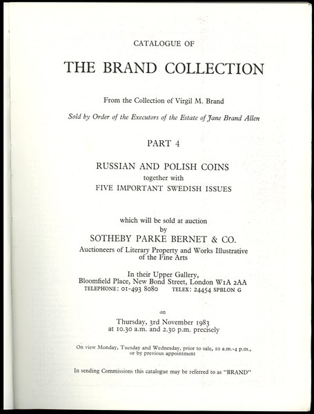 Sotheby & Co., The Brand Collection [part 4] – Russian and Polish Coins, From the Collection of Virgil M. Brand,  Sold by Order of the Executors of The Estate of Jane Brand Allen