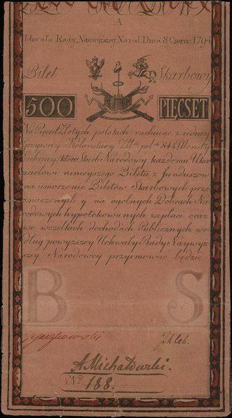 500 złotych polskich, 8.06.1794; seria A, numera
