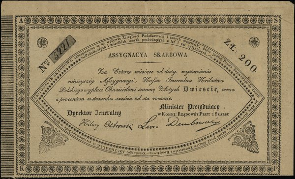 Asygnacja skarbowa na 200 złotych, 1831; podpisy