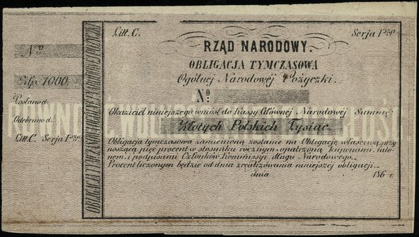 Blankiet obligacji tymczasowej Ogólnej Narodowej Pożyczki na 1.000 złotych z roku 186.