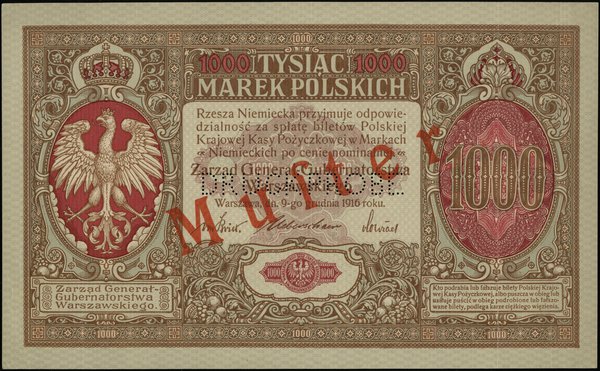 Jednostronnny druk strony przedniej 1.000 marek polskich, 9.12.1916