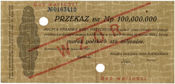 Przekaz na 100.000.000 marek polskich, 20.11.192