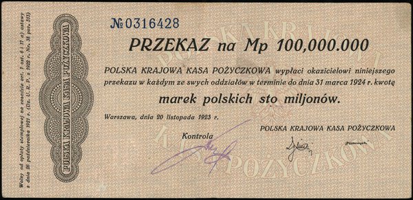 Przekaz na 100.000.000 marek polskich, 20.11.1923, bez perforacji, numeracja 0316428