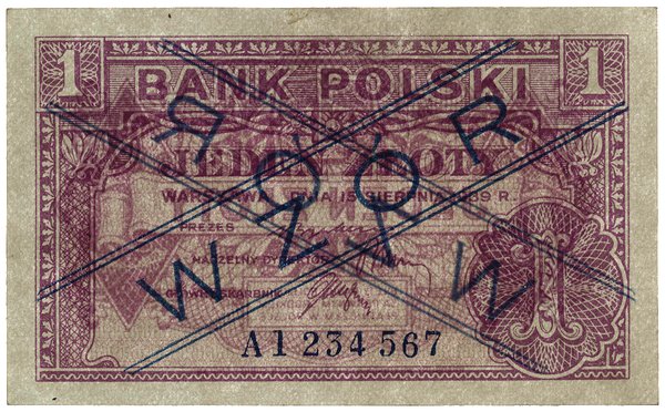 1 złoty, 15.08.1939; seria A, numeracja 1234567,