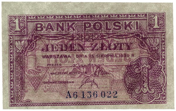1 złoty, 15.08.1939; seria A, numeracja 6136022;