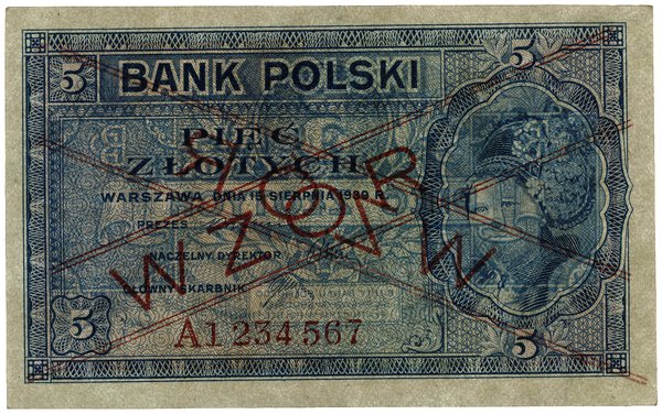5 złotych, 15.08.1939; seria A, numeracja 123456