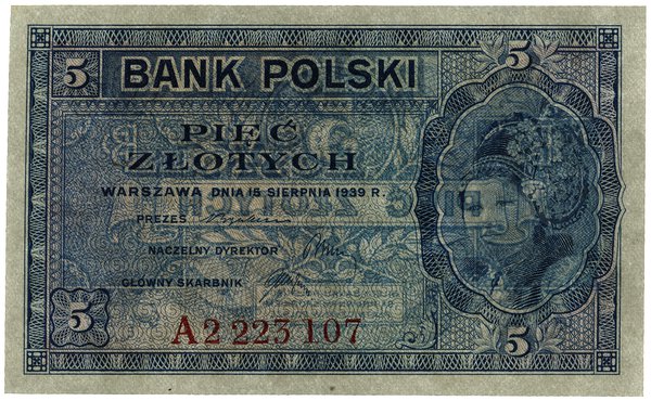 5 złotych, 15.08.1939; seria A, numeracja 222310