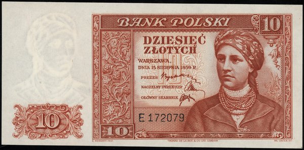 10 złotych, 15.08.1939; seria E, numeracja 17207