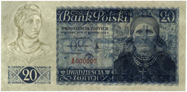 20 złotych, 15.08.1939; seria A, numeracja 00000