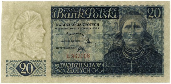 20 złotych, 15.08.1939; seria L, numeracja 96720