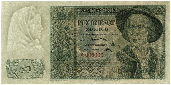 50 złotych, 15.08.1939; seria A, numeracja 00000