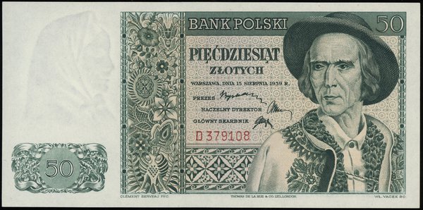 50 złotych, 15.08.1939; seria D, numeracja 37910