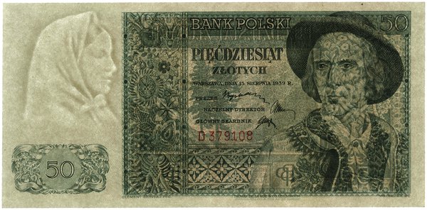 50 złotych, 15.08.1939; seria D, numeracja 37910