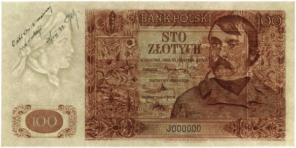 100 złotych, 15.08.1939; seria J, numeracja 0000