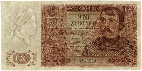 100 złotych, 15.08.1939; seria K, numeracja 0430