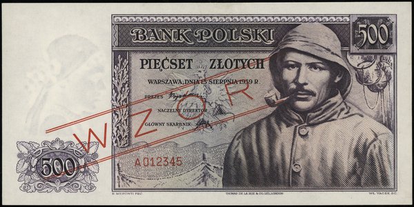 500 złotych, 15.08.1939; seria A, numeracja 0123