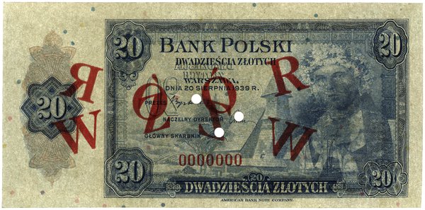 20 złotych, 20.08.1939; numeracja 0000000, czerw