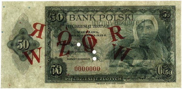 50 złotych, 20.08.1939; numeracja 0000000, czerw