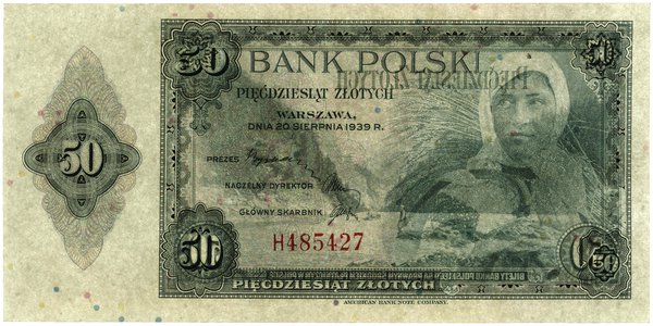 50 złotych, 20.08.1939; seria H, numeracja 48542