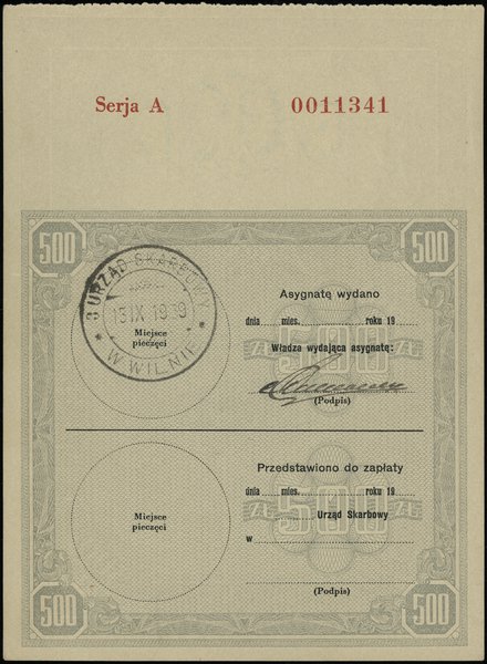 Asygnata na 500 złotych, bez daty (1939); seria 