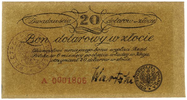 Bon na 20 dolarów w złocie Delegatury Rządu na Kraj dla Generalnej Guberni, bez daty (1940–1942)